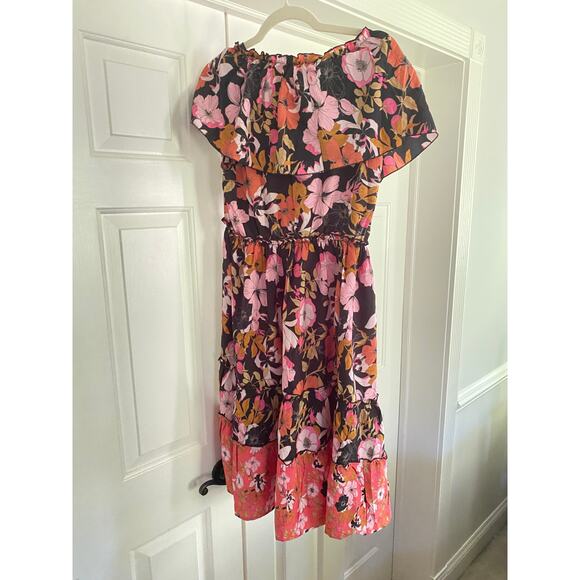 Anthropologie RAGA Flutter Sleeve Floral Dress, Pink Orange Black,  Large - Picture 7 of 9